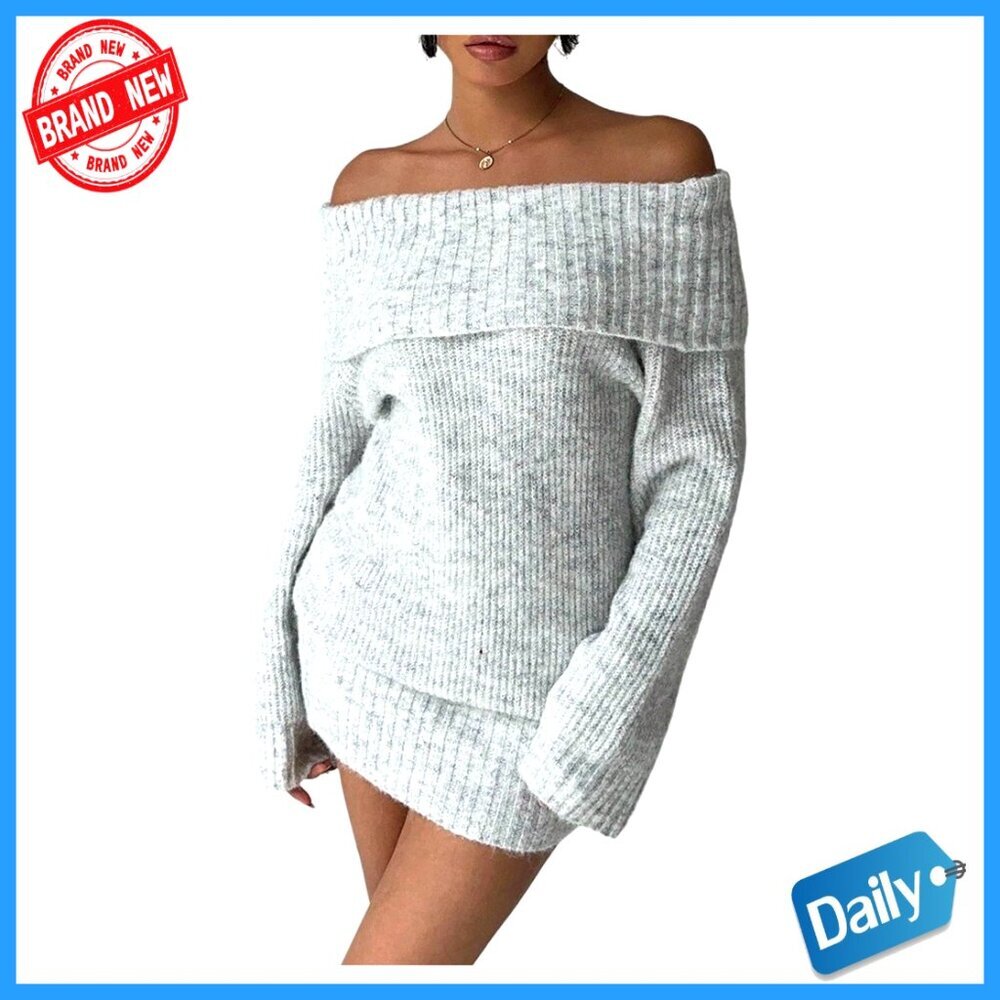 Off Shoulder Long Sleeve Bodycon Mini Dress Rib Knit Casual Party